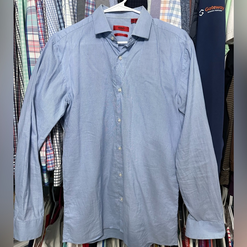 Hugo boss slim fit blue textured stripe button down small/med 15.5
